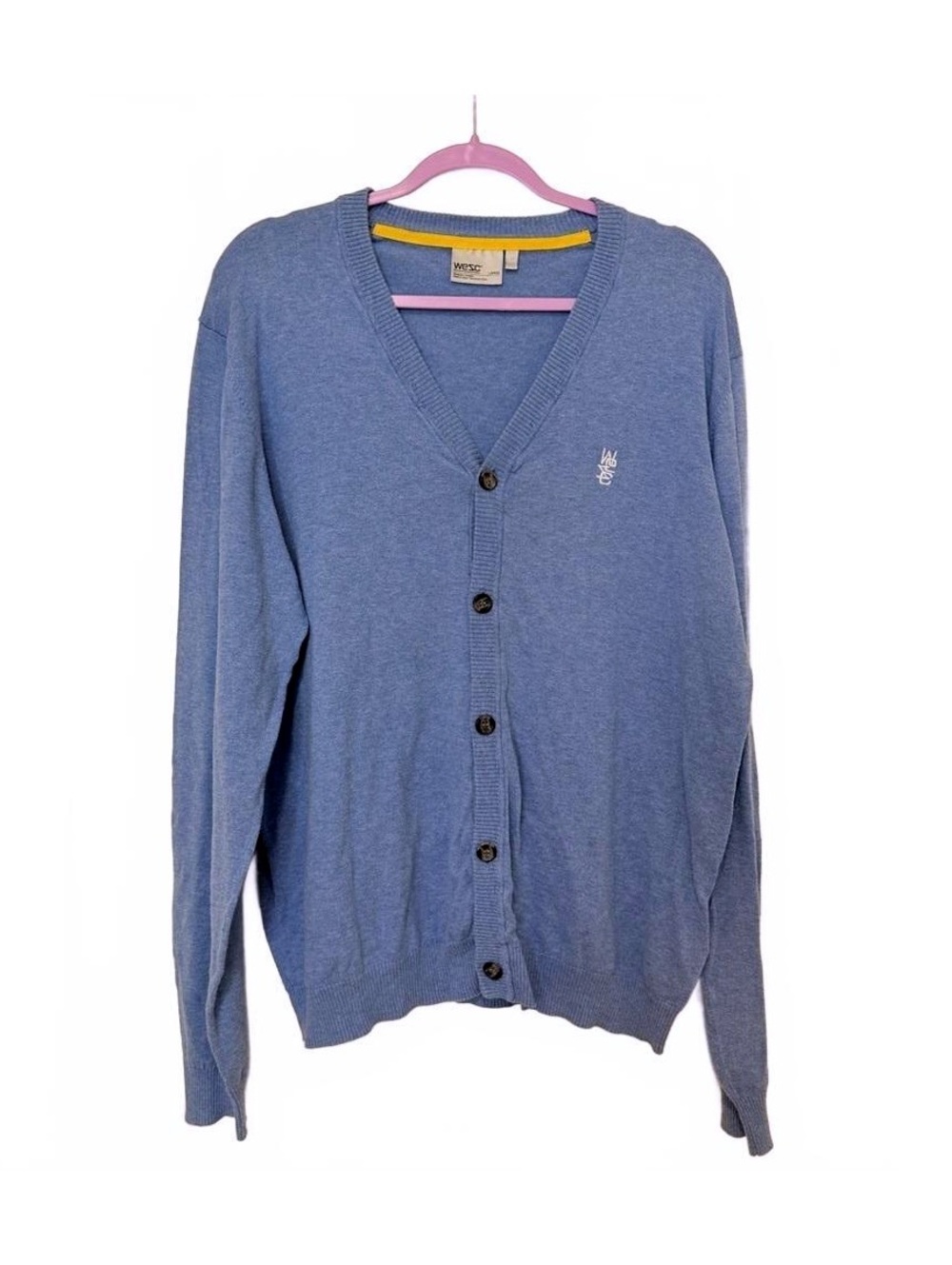 WeSC Blue V Neck Button Cardigan Mens L Casual Knit Sweater